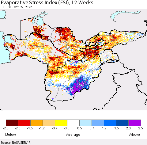 Central Asia Evaporative Stress Index (ESI), 12-Weeks Thematic Map For 10/17/2022 - 10/23/2022
