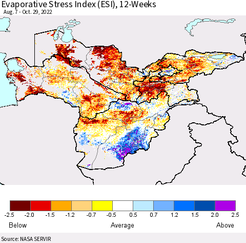 Central Asia Evaporative Stress Index (ESI), 12-Weeks Thematic Map For 10/24/2022 - 10/30/2022