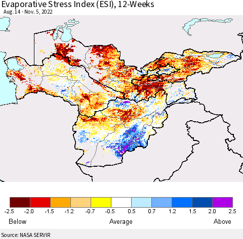 Central Asia Evaporative Stress Index (ESI), 12-Weeks Thematic Map For 10/31/2022 - 11/6/2022