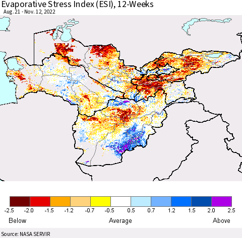 Central Asia Evaporative Stress Index (ESI), 12-Weeks Thematic Map For 11/7/2022 - 11/13/2022