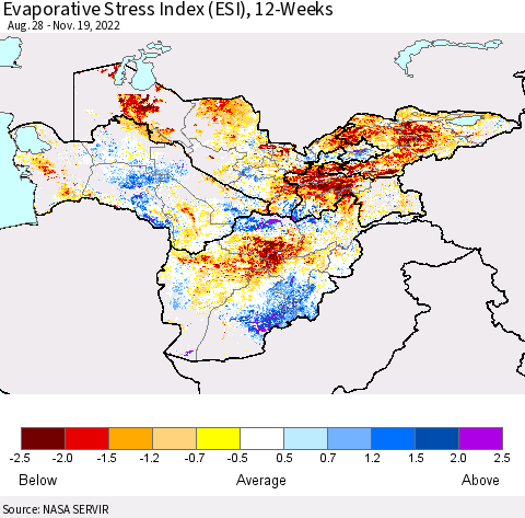 Central Asia Evaporative Stress Index (ESI), 12-Weeks Thematic Map For 11/14/2022 - 11/20/2022