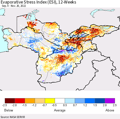 Central Asia Evaporative Stress Index (ESI), 12-Weeks Thematic Map For 11/21/2022 - 11/27/2022