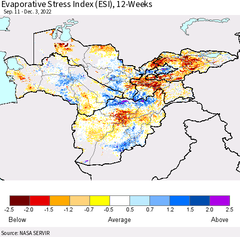 Central Asia Evaporative Stress Index (ESI), 12-Weeks Thematic Map For 11/28/2022 - 12/4/2022