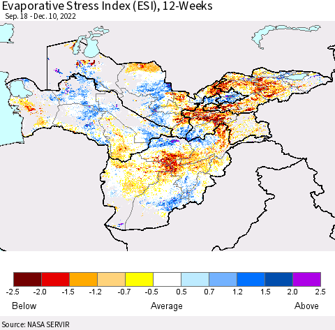 Central Asia Evaporative Stress Index (ESI), 12-Weeks Thematic Map For 12/5/2022 - 12/11/2022