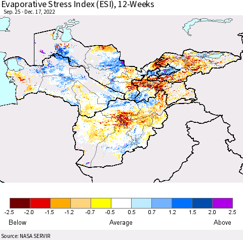Central Asia Evaporative Stress Index (ESI), 12-Weeks Thematic Map For 12/12/2022 - 12/18/2022