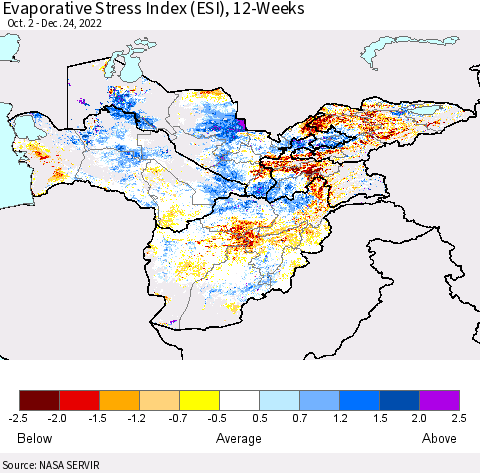 Central Asia Evaporative Stress Index (ESI), 12-Weeks Thematic Map For 12/19/2022 - 12/25/2022