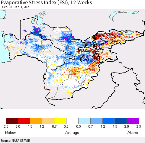 Central Asia Evaporative Stress Index (ESI), 12-Weeks Thematic Map For 12/26/2022 - 1/1/2023