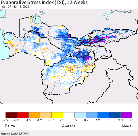 Central Asia Evaporative Stress Index (ESI), 12-Weeks Thematic Map For 1/2/2023 - 1/8/2023