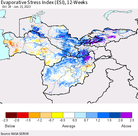 Central Asia Evaporative Stress Index (ESI), 12-Weeks Thematic Map For 1/9/2023 - 1/15/2023