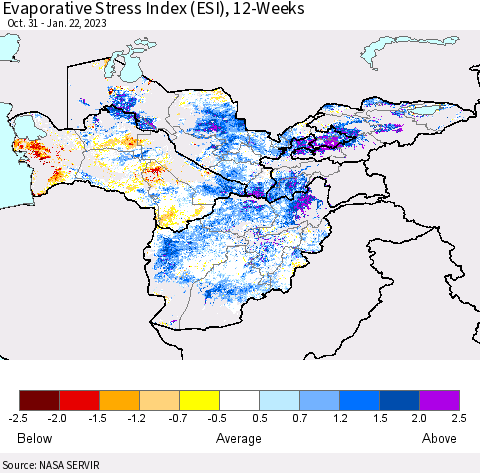 Central Asia Evaporative Stress Index (ESI), 12-Weeks Thematic Map For 1/16/2023 - 1/22/2023