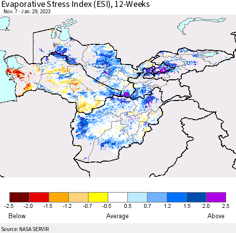 Central Asia Evaporative Stress Index (ESI), 12-Weeks Thematic Map For 1/23/2023 - 1/29/2023