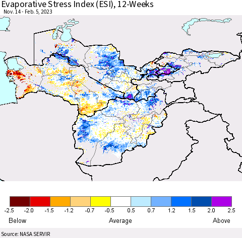 Central Asia Evaporative Stress Index (ESI), 12-Weeks Thematic Map For 1/30/2023 - 2/5/2023
