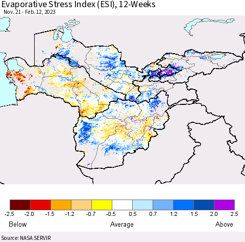 Central Asia Evaporative Stress Index (ESI), 12-Weeks Thematic Map For 2/6/2023 - 2/12/2023