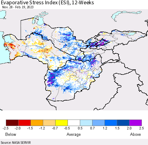 Central Asia Evaporative Stress Index (ESI), 12-Weeks Thematic Map For 2/13/2023 - 2/19/2023