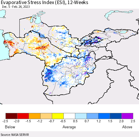Central Asia Evaporative Stress Index (ESI), 12-Weeks Thematic Map For 2/20/2023 - 2/26/2023