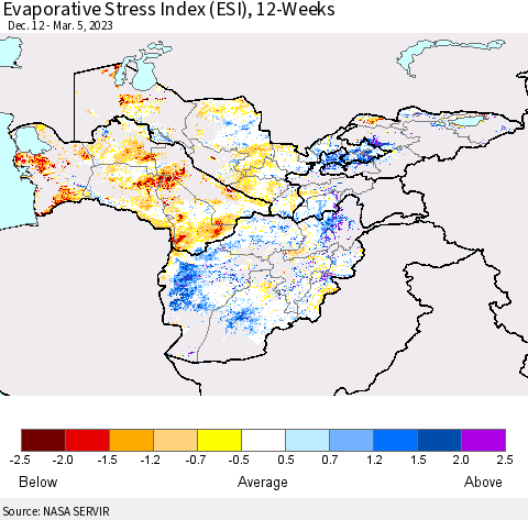 Central Asia Evaporative Stress Index (ESI), 12-Weeks Thematic Map For 2/27/2023 - 3/5/2023