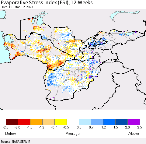 Central Asia Evaporative Stress Index (ESI), 12-Weeks Thematic Map For 3/6/2023 - 3/12/2023