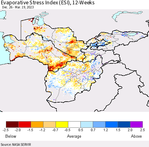 Central Asia Evaporative Stress Index (ESI), 12-Weeks Thematic Map For 3/13/2023 - 3/19/2023