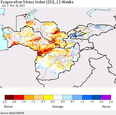 Central Asia Evaporative Stress Index (ESI), 12-Weeks Thematic Map For 3/20/2023 - 3/26/2023