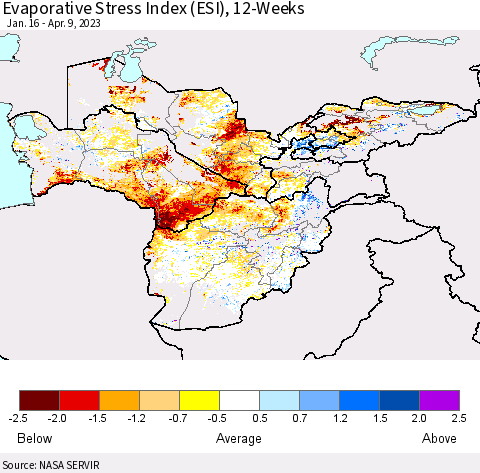 Central Asia Evaporative Stress Index (ESI), 12-Weeks Thematic Map For 4/3/2023 - 4/9/2023