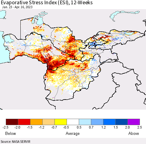 Central Asia Evaporative Stress Index (ESI), 12-Weeks Thematic Map For 4/10/2023 - 4/16/2023