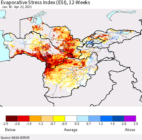 Central Asia Evaporative Stress Index (ESI), 12-Weeks Thematic Map For 4/17/2023 - 4/23/2023