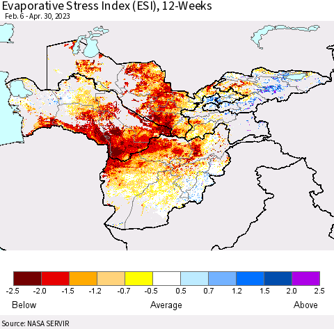 Central Asia Evaporative Stress Index (ESI), 12-Weeks Thematic Map For 4/24/2023 - 4/30/2023