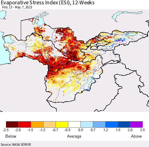 Central Asia Evaporative Stress Index (ESI), 12-Weeks Thematic Map For 5/1/2023 - 5/7/2023