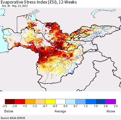 Central Asia Evaporative Stress Index (ESI), 12-Weeks Thematic Map For 5/8/2023 - 5/14/2023