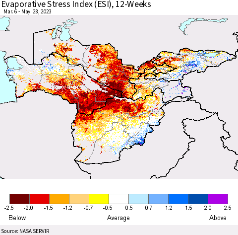 Central Asia Evaporative Stress Index (ESI), 12-Weeks Thematic Map For 5/22/2023 - 5/28/2023