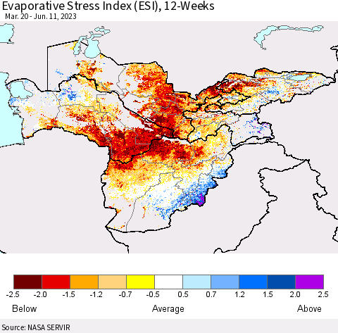 Central Asia Evaporative Stress Index (ESI), 12-Weeks Thematic Map For 6/5/2023 - 6/11/2023