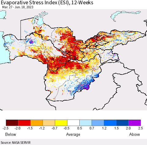 Central Asia Evaporative Stress Index (ESI), 12-Weeks Thematic Map For 6/12/2023 - 6/18/2023