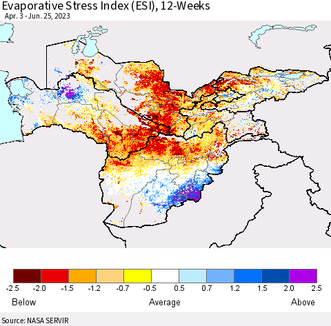 Central Asia Evaporative Stress Index (ESI), 12-Weeks Thematic Map For 6/19/2023 - 6/25/2023