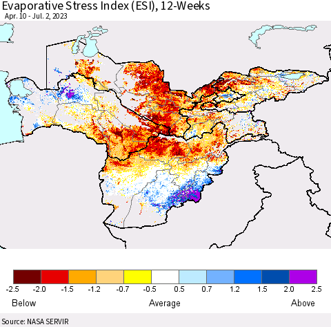Central Asia Evaporative Stress Index (ESI), 12-Weeks Thematic Map For 6/26/2023 - 7/2/2023