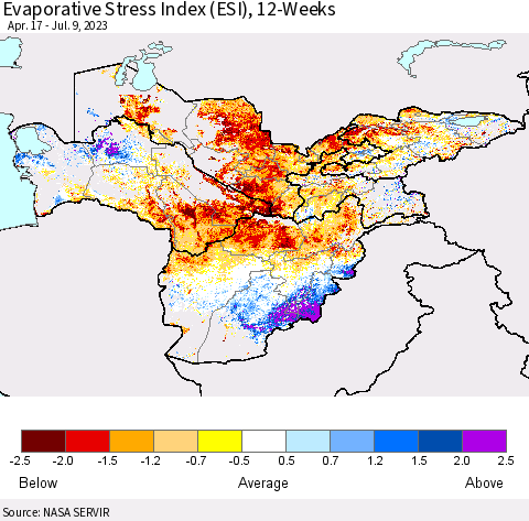 Central Asia Evaporative Stress Index (ESI), 12-Weeks Thematic Map For 7/3/2023 - 7/9/2023