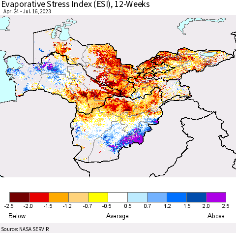 Central Asia Evaporative Stress Index (ESI), 12-Weeks Thematic Map For 7/10/2023 - 7/16/2023