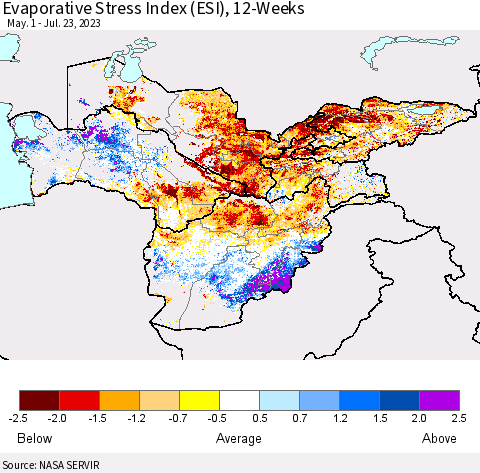 Central Asia Evaporative Stress Index (ESI), 12-Weeks Thematic Map For 7/17/2023 - 7/23/2023