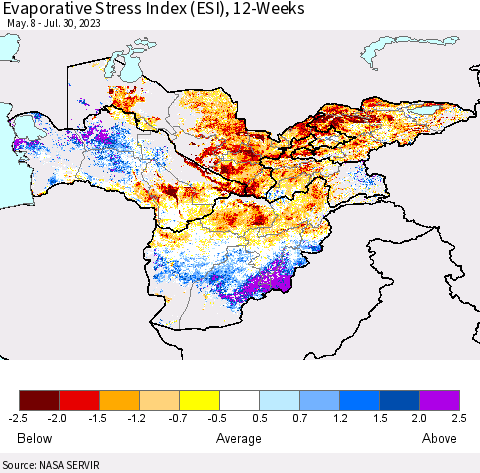Central Asia Evaporative Stress Index (ESI), 12-Weeks Thematic Map For 7/24/2023 - 7/30/2023