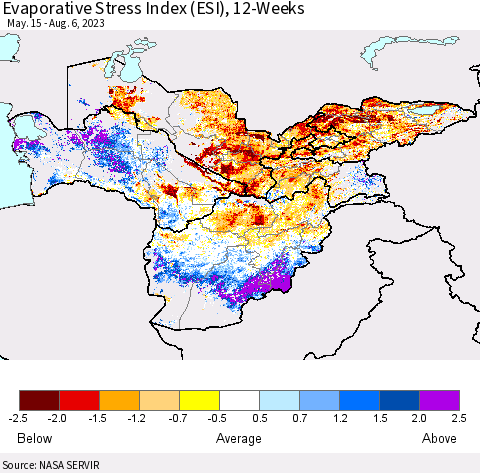 Central Asia Evaporative Stress Index (ESI), 12-Weeks Thematic Map For 7/31/2023 - 8/6/2023
