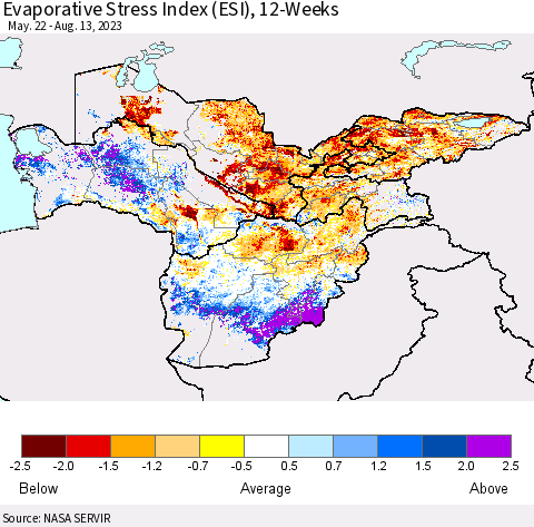 Central Asia Evaporative Stress Index (ESI), 12-Weeks Thematic Map For 8/7/2023 - 8/13/2023