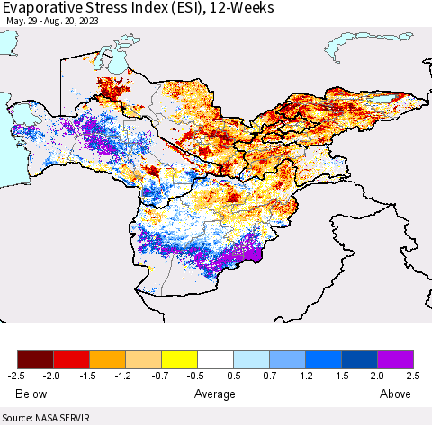 Central Asia Evaporative Stress Index (ESI), 12-Weeks Thematic Map For 8/14/2023 - 8/20/2023