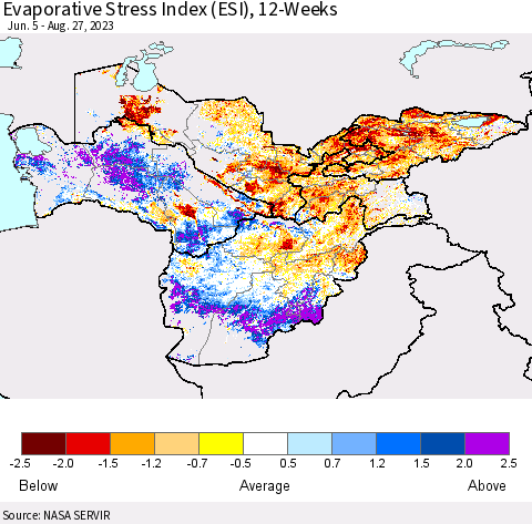 Central Asia Evaporative Stress Index (ESI), 12-Weeks Thematic Map For 8/21/2023 - 8/27/2023
