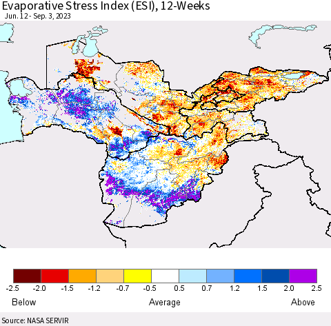 Central Asia Evaporative Stress Index (ESI), 12-Weeks Thematic Map For 8/28/2023 - 9/3/2023