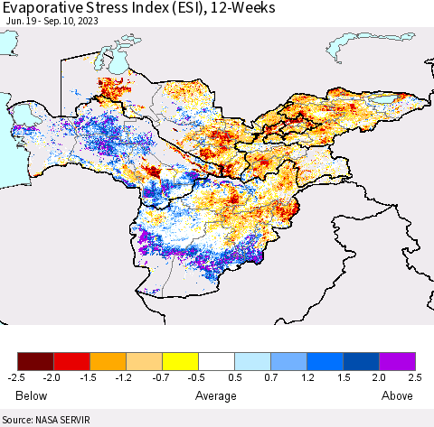 Central Asia Evaporative Stress Index (ESI), 12-Weeks Thematic Map For 9/4/2023 - 9/10/2023