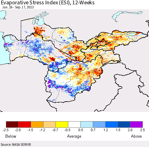 Central Asia Evaporative Stress Index (ESI), 12-Weeks Thematic Map For 9/11/2023 - 9/17/2023