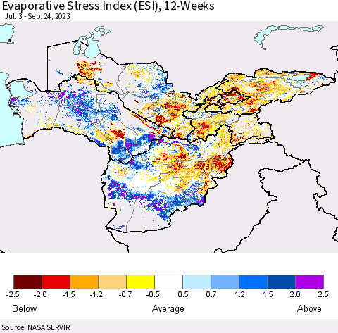 Central Asia Evaporative Stress Index (ESI), 12-Weeks Thematic Map For 9/18/2023 - 9/24/2023