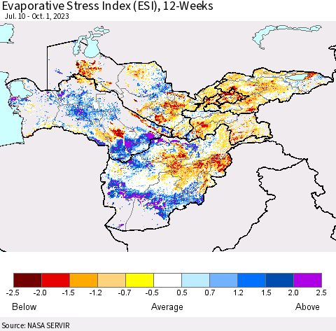 Central Asia Evaporative Stress Index (ESI), 12-Weeks Thematic Map For 9/25/2023 - 10/1/2023
