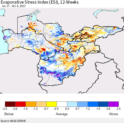 Central Asia Evaporative Stress Index (ESI), 12-Weeks Thematic Map For 10/2/2023 - 10/8/2023
