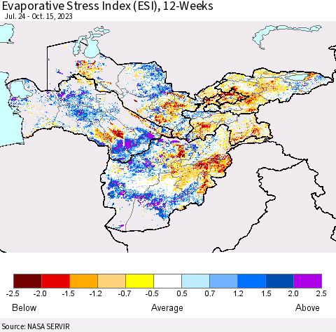 Central Asia Evaporative Stress Index (ESI), 12-Weeks Thematic Map For 10/9/2023 - 10/15/2023