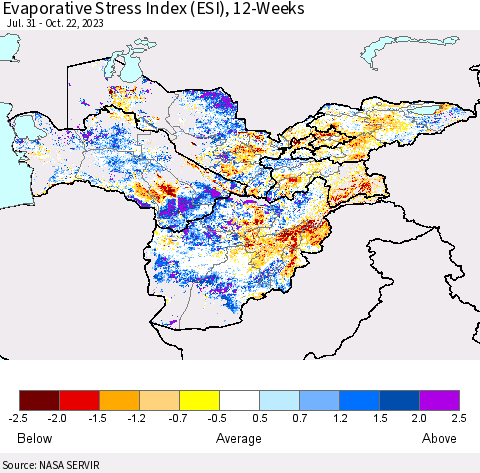 Central Asia Evaporative Stress Index (ESI), 12-Weeks Thematic Map For 10/16/2023 - 10/22/2023